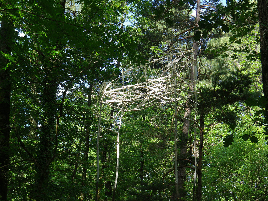 Dans les bois, une installation en hauteur faite de branchages et de plumes.