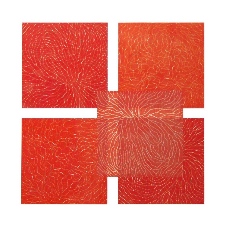 Estampe d'Anne Mangeot de plusieurs carrés dans les tons rouges avec une superposition et une transparence, le tout texturé. 