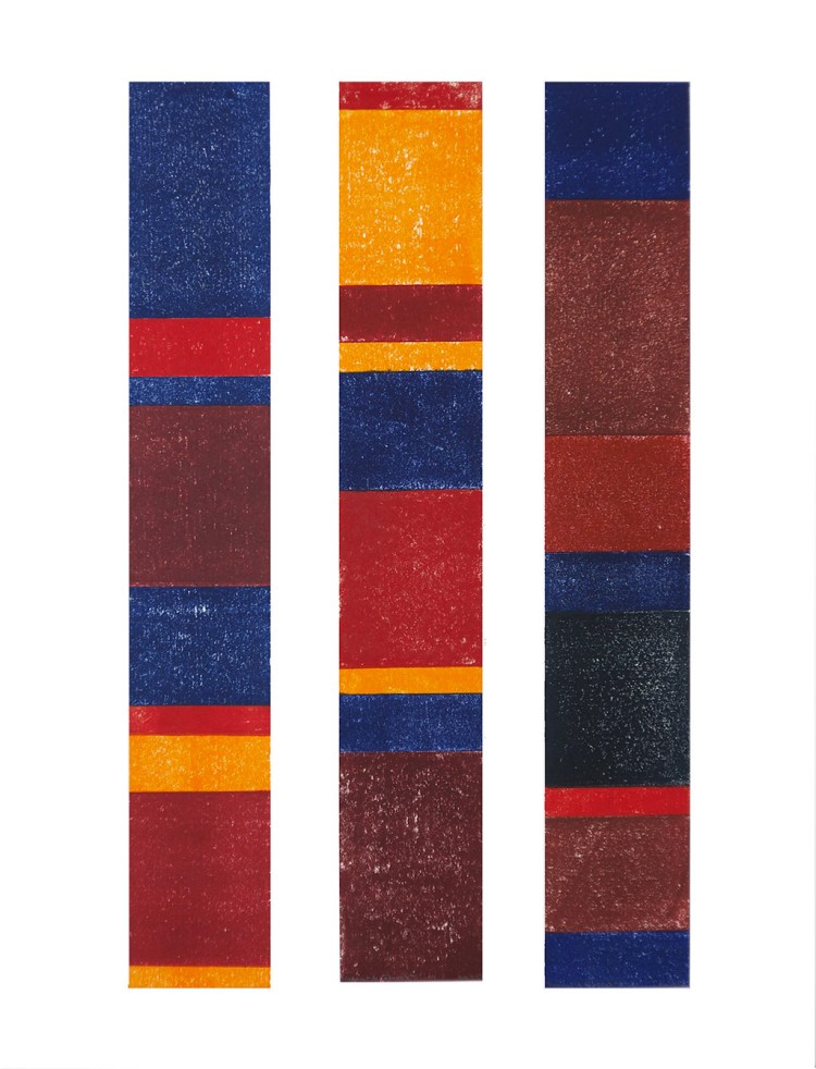 Gravure de trois colonnes colorées et graphiques avec différents aplats de couleurs de l'artiste Anne Mangeot.