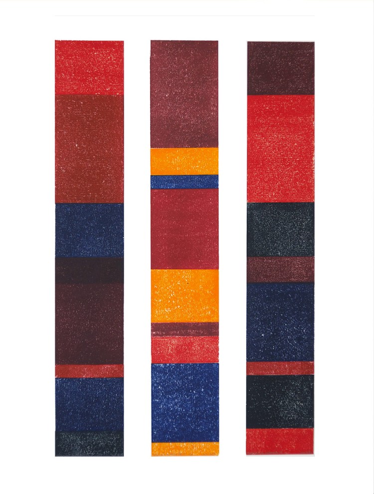 Gravure abstraites de trois colonnes colorées et graphiques avec différents aplats de couleurs de l'artiste Anne Mangeot.