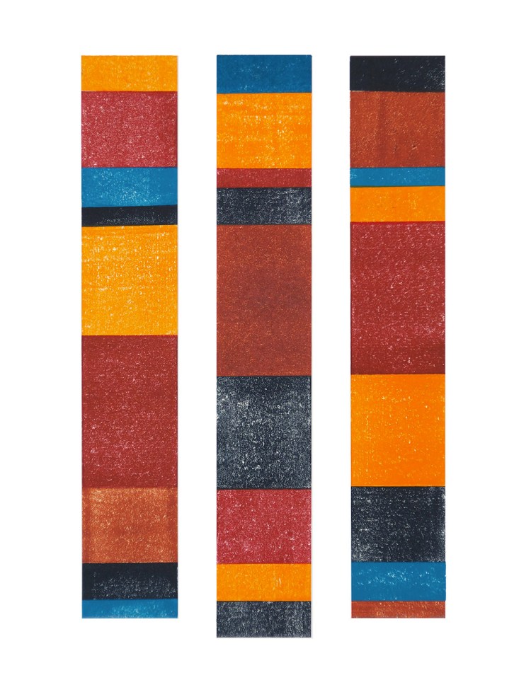 Gravure de trois colonnes colorées et graphiques avec différents aplats de couleurs de l'artiste Anne Mangeot.