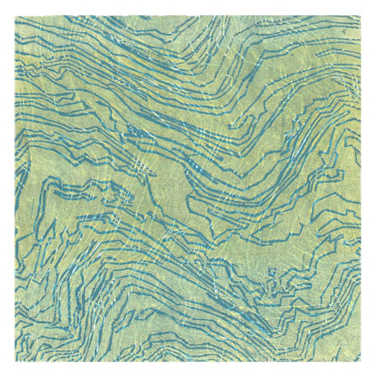 Gravure dans les tons bleus/vert de lignes superposées à un fond unis de l'artiste Anne Mangeot.
