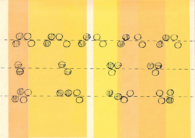 Gravure de traces de fouine sur fond coloré.