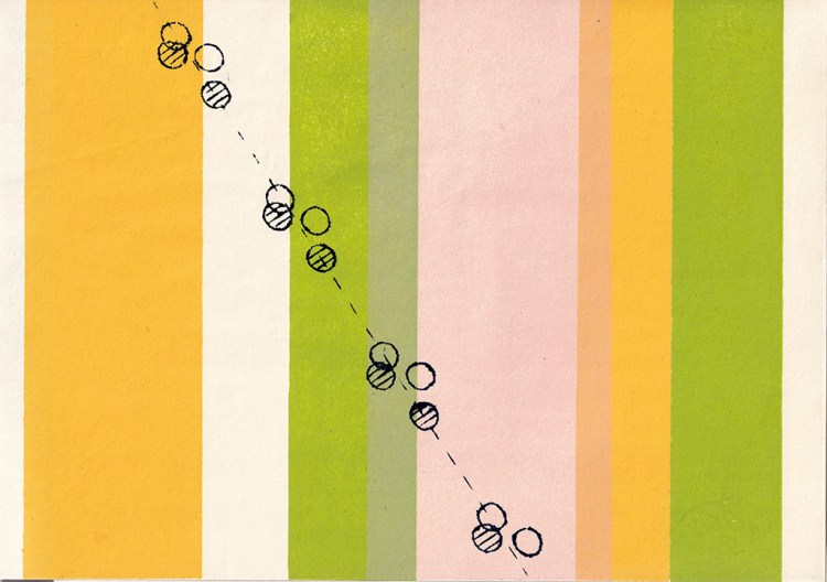 Gravure de traces de genette sur fond coloré.