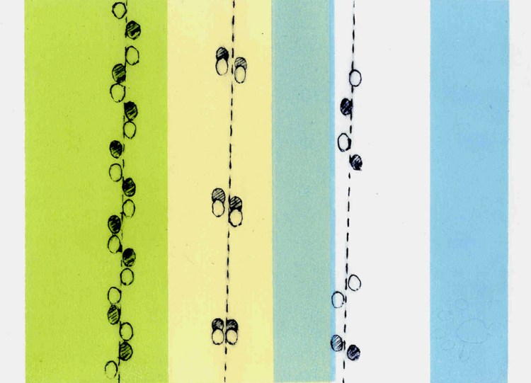 Gravure de traces de loutre sur fond coloré.