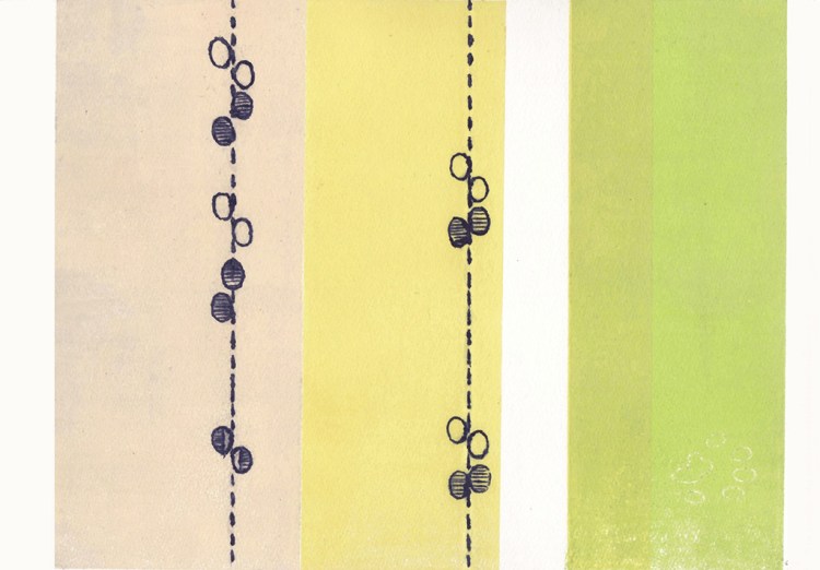 Gravure de traces de putois sur fond coloré.