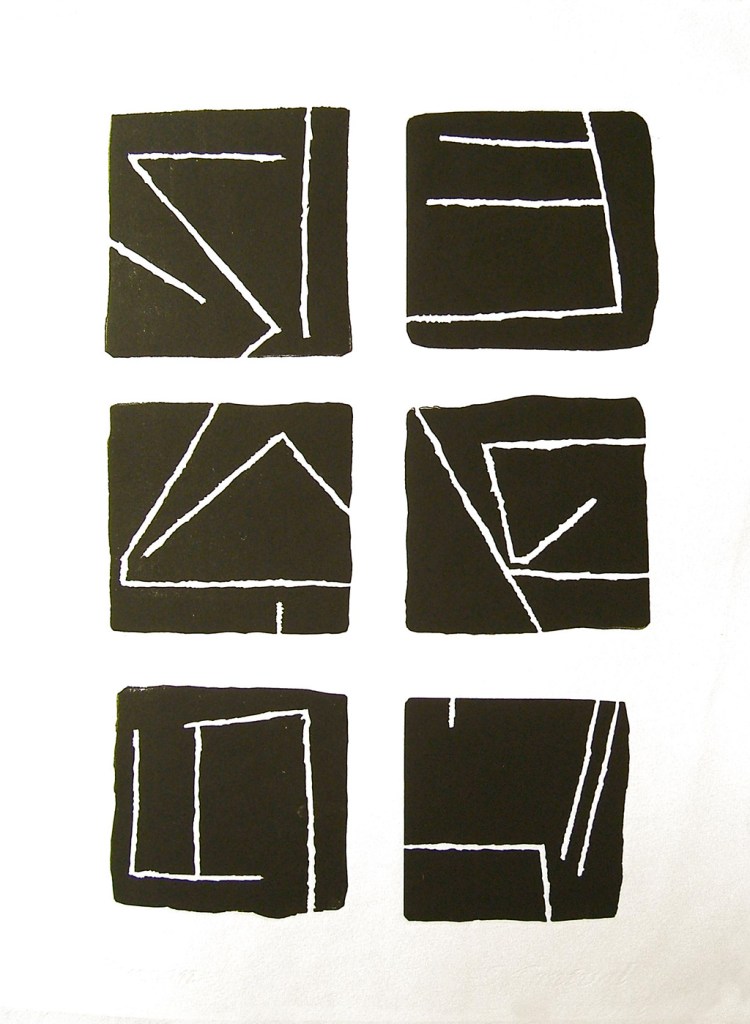 Gravure de carrés noirs dans lesquelles s'inscrivent des lignes blanches géométriques.