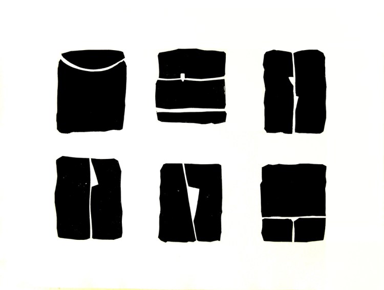 Gravure de carrés noirs dans lesquelles s'inscrivent des lignes blanches géométriques.