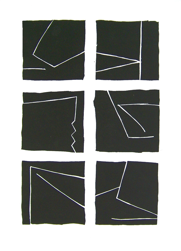 Linogravure de carrés noirs dans lesquelles s'inscrivent des lignes blanches géométriques.