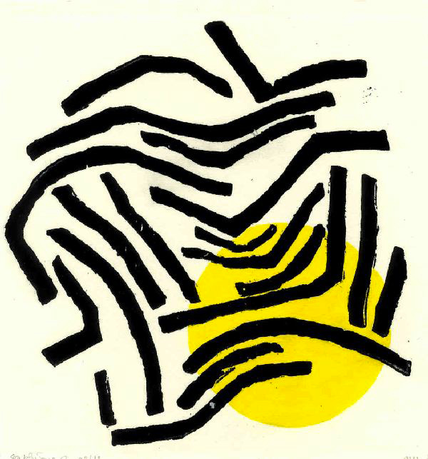 Xylographie de formes graphiques noires sur une forme géométrique jaune.