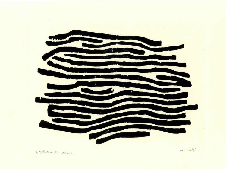 Xylographie de formes graphiques noires.