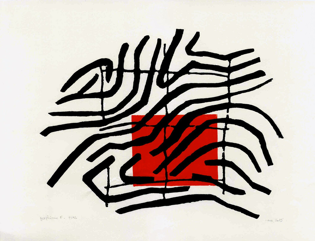 Xylographie de formes graphiques noires sur une forme géométrique rouge.