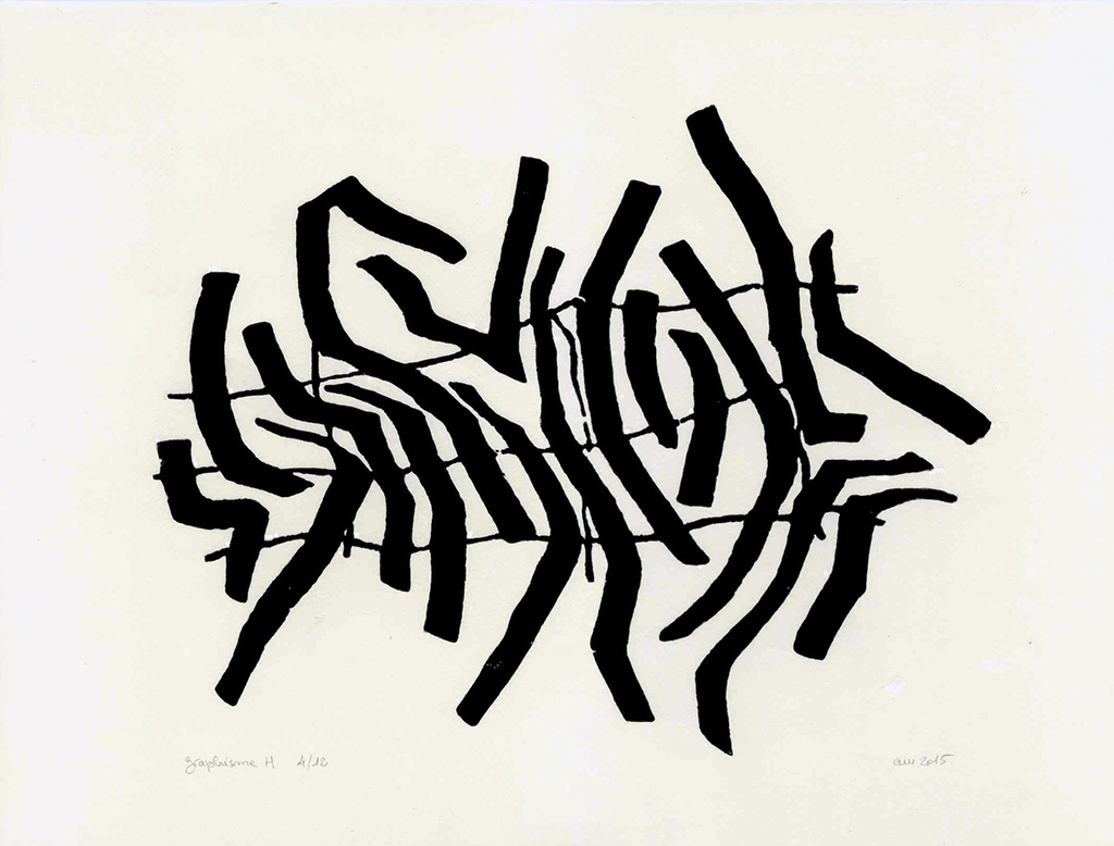 Xylographie de formes graphiques noires.