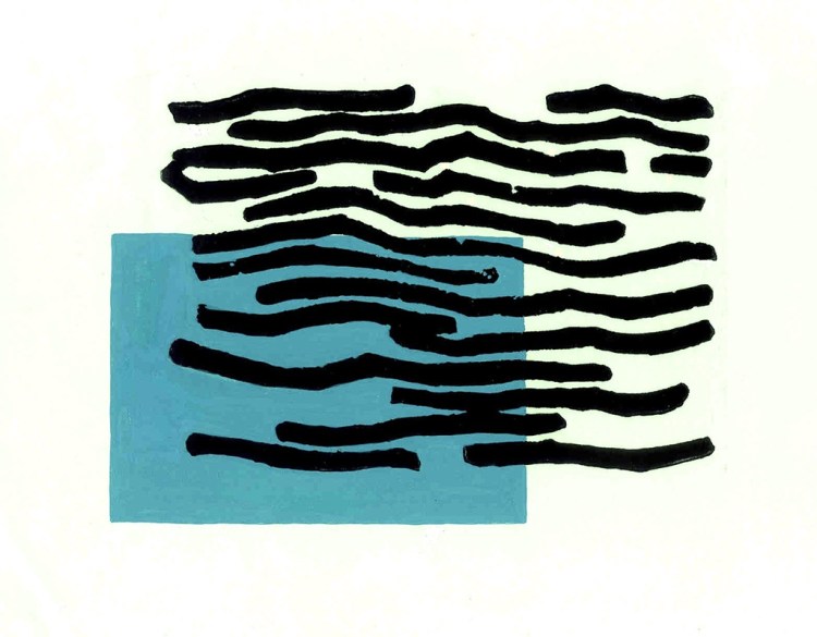 Xylographie de formes graphiques noires sur une forme géométrique bleue.