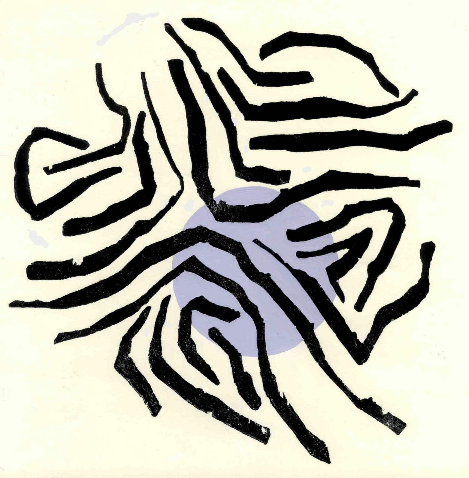 Xylographie de formes graphiques noires sur une forme géométrique bleue.