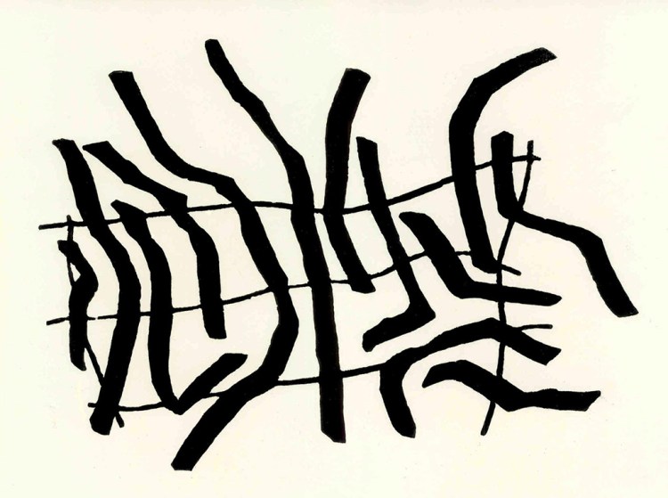 Xylographie de formes graphiques noires.