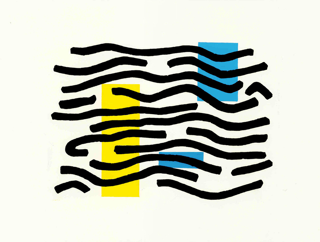 Xylographie de formes graphiques noires sur des formes géométriques jaunes et bleues.