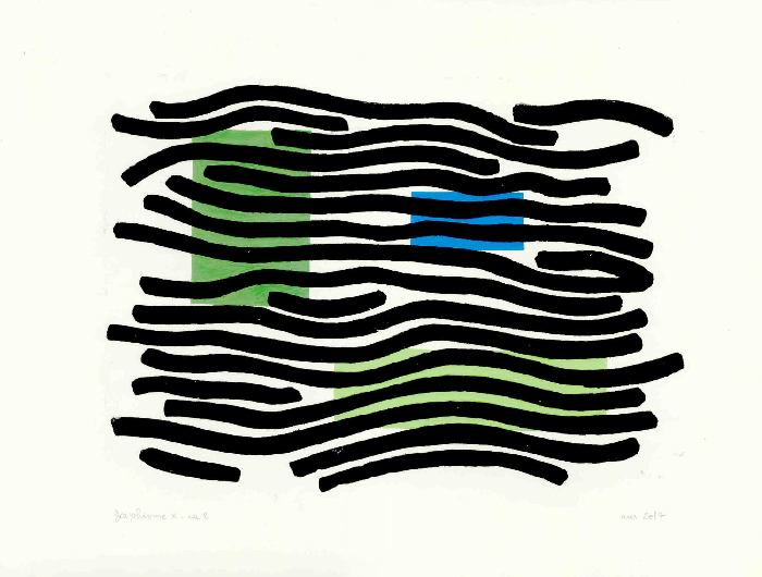 Xylographie de formes graphiques noires sur des formes géométriques vertes et bleues.