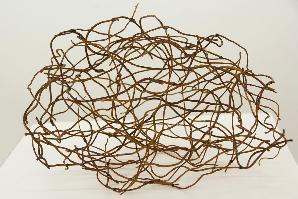 Sculpture d'Anne Mangeot en saule tortueux formant une forme vaporeuse de nuage.