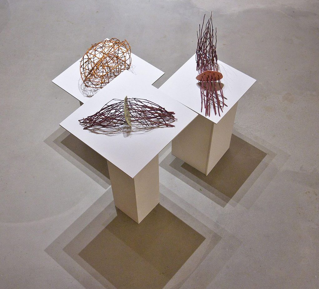 Photo prise du dessus de trois oeuvres de l'artiste Anne Mangeot lors d'une exposition.