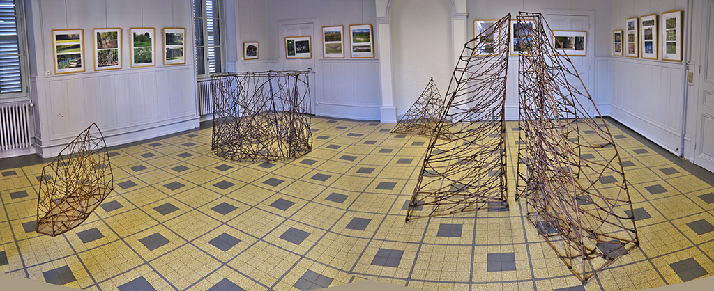 Dans une salle d'exposition d'une mairie, des sculptures en bois de l'artiste Anne Mangeot sont disposées.