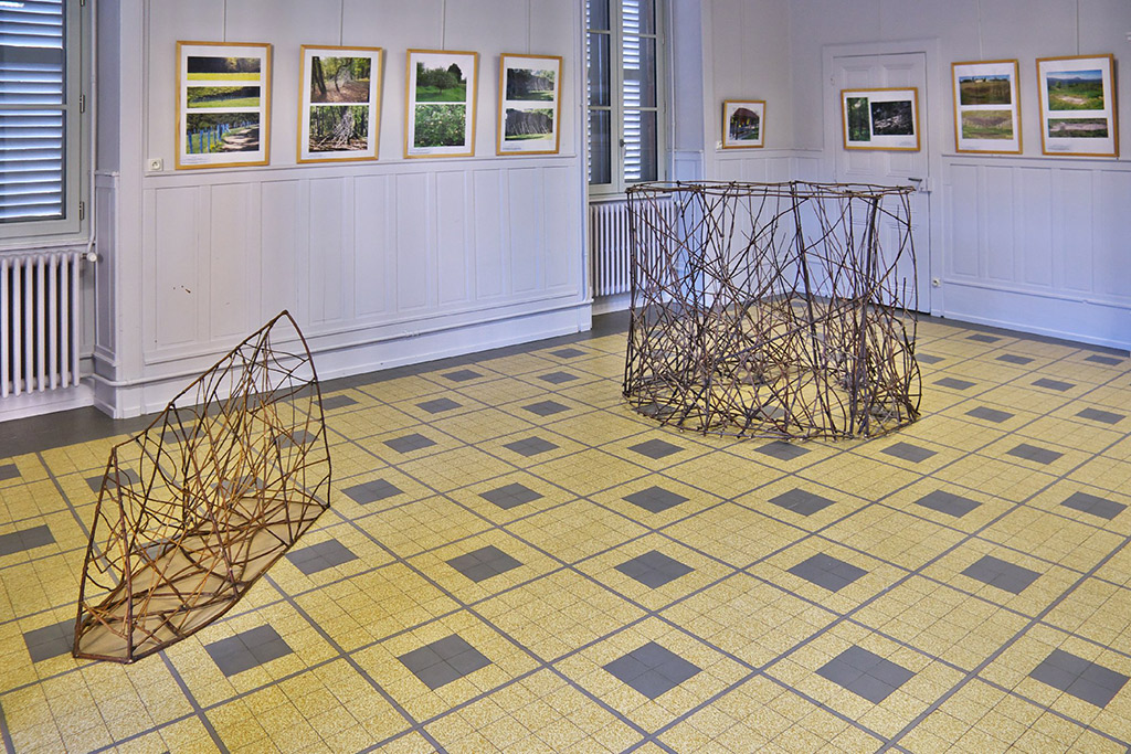 Deux sculptures en bois de l'artiste Anne Mangeot sont installées dans une salle de mairie lors d'une exposition.