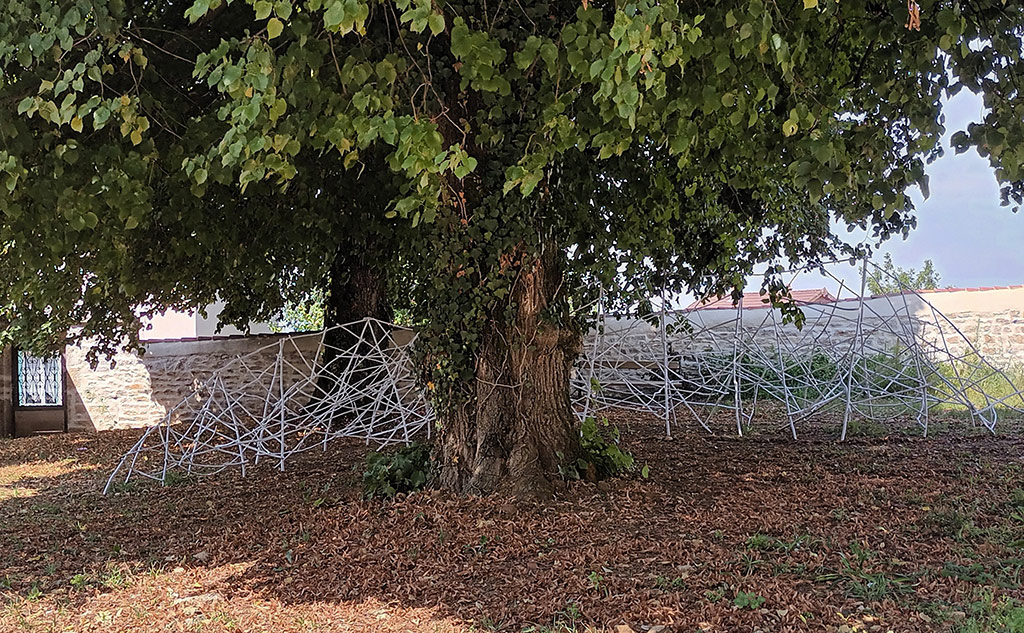 Derrière un vieil arbre, se trouve une grande et longue sculpture en bois de châtaignier.
